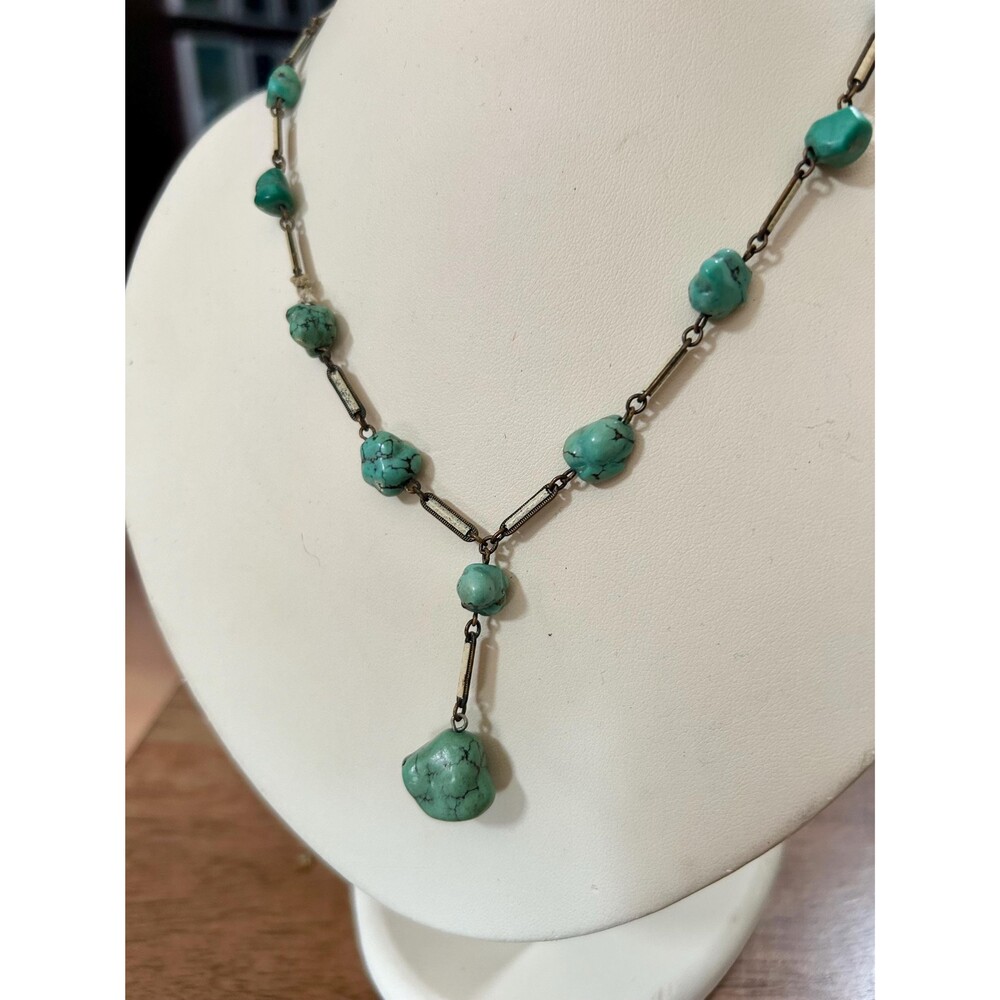 Art Deco Lariat Necklace - Vintage Turquoise & Enamel